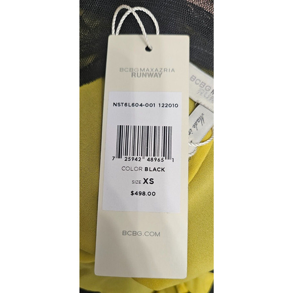 $498 Bcbgmaxazria Runway Dress XS Black Yellow Sheer Mesh One Shoulder Mini NWT - Picture 5 of 9